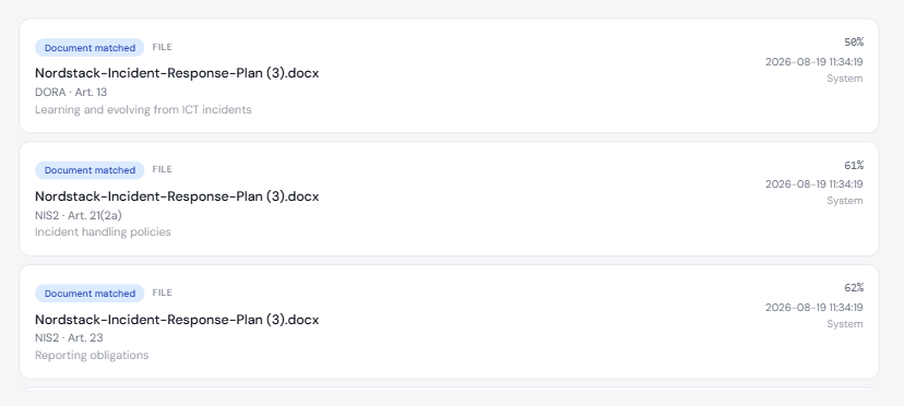 Evidero audit trail entries showing matched documents with DORA and NIS2 articles, match percentage and timestamps