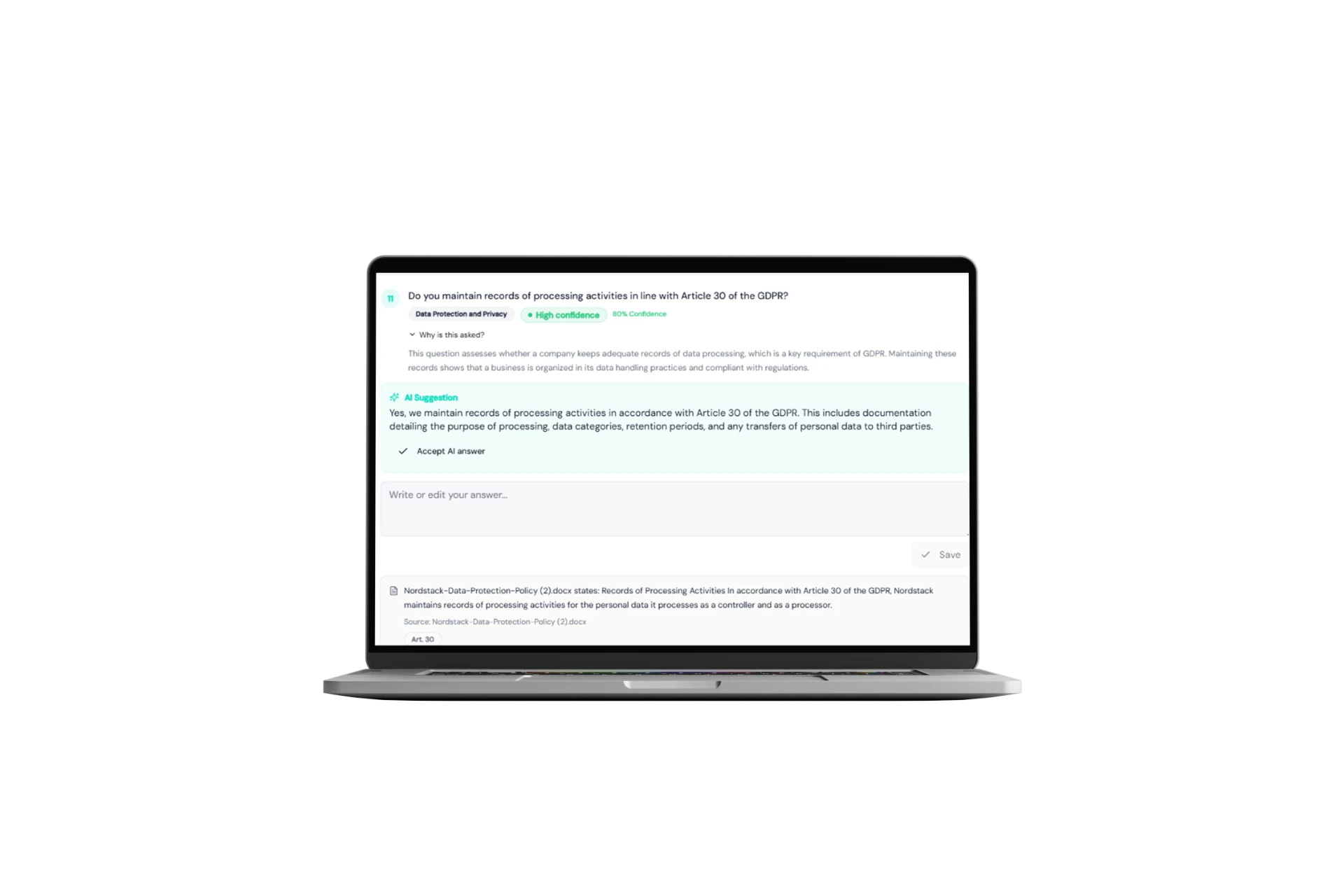 Evidero questionnaire answer detail shown on a laptop, with confidence badge, AI suggestion and a citation to the source policy document
