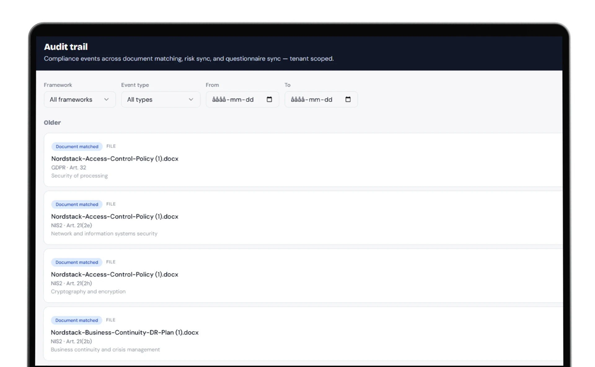 Evidero audit trail on a laptop, showing a complete, immutable log of every compliance action