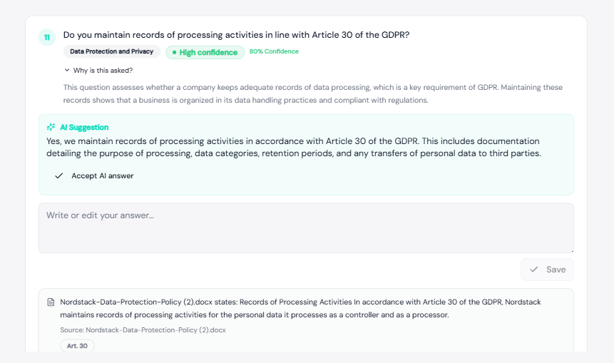 Evidero questionnaire answer detail with confidence badge, AI suggestion and a citation to the source policy document
